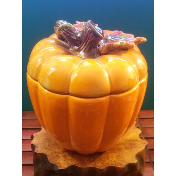 Vintage Ceramic Pumpkin Cookie Jar Halloween Fall Thanksgiving 6" High 5.75" Dia - Picture 3 of 6